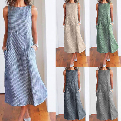 #ad Casual Women Sleeveless Print Maxi Dress Sundress Plus Size Ladies Long Dress $17.79