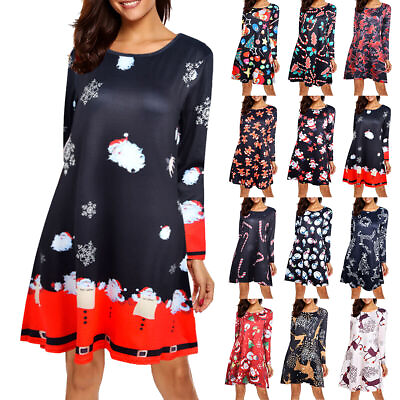 #ad Ladies Xmas Dresses Long Sleeve Christmas Dress Casual Crew Neck Women Holiday $19.74