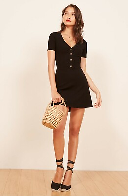REFORMATION Black CARDINAL Ribbed Stretch Knit Button Front Mini Skirt Dress M $99.00