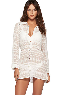 #ad White Geometry Print Shirt Bikini Beach Swimwear Cover Up Dress $29.99