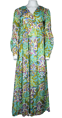 #ad Vtg 60s 70s US Women’s M 8 Floral Print Lightweight Silky Maxi Dress Long Sleeve $49.99