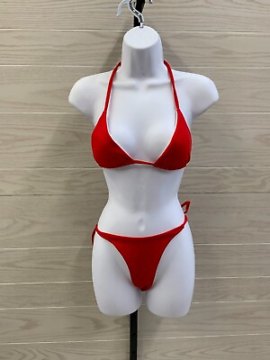Women#x27;s Ribbed Triangle Two Piece Cheeky Bikini Set Size L Red $17.54