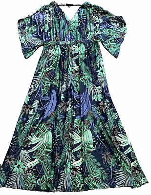 #ad Ellos 3X Tropical Maxi Dress VNeck Blue Green Shirred Kimono Sleeve Belt Spring $31.40