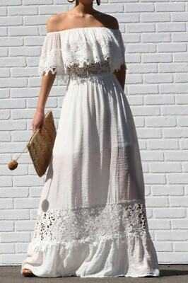Bohemian White Off Shoulder Ruffle Crochet Lace Trim Boho Maxi Dress $62.06