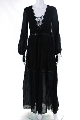 #ad 1st Sight Womens Sheer Embroidered Lace Up Long Sleeve Maxi Dress Black Size XS $59.79