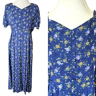 #ad Vintage 90s Womens Large Blue Floral Maxi Dress Cottage Core Tie Back Rayon $44.99