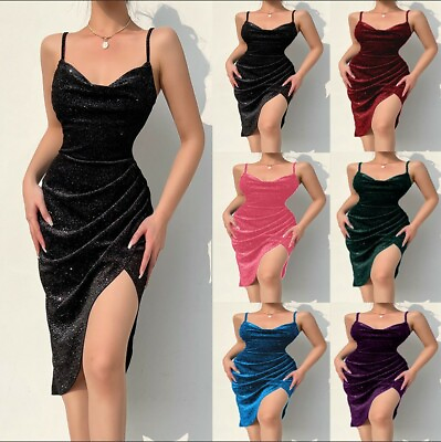 #ad Sexy Womens Night Club Lady Slim Velvet Slit Midi Dress Party Dresses Nightwear $19.79