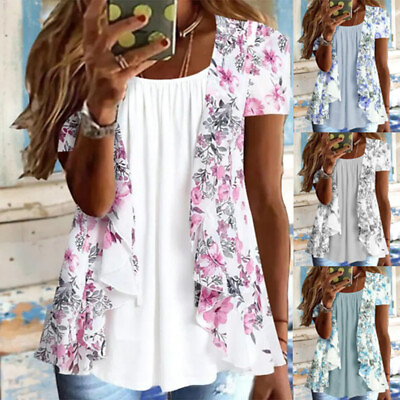 #ad Women Boho Floral Casual Loose Tops Ladies Short Sleeve Blouse Tunic T Shirt Tee $13.91