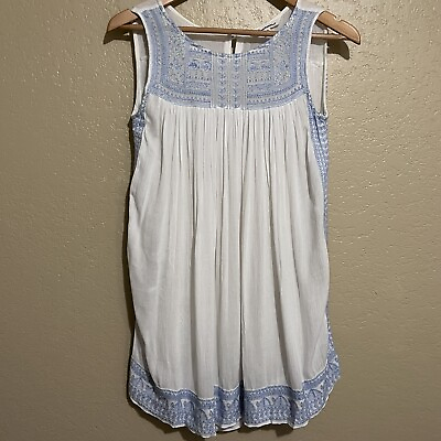 #ad Love Marks White Sleeveless Blue Embroidered Swing Tunic Boho Lightweight Size S $24.00