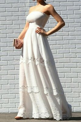 #ad #ad White Boho Smocked Strapless Crochet Lace Trim Maxi Dress Bohemian Wedding L $49.95