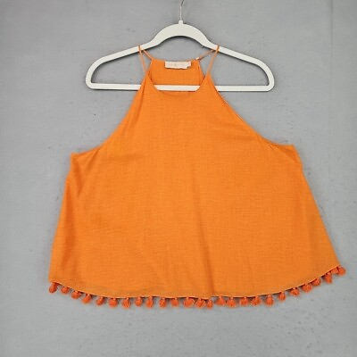 #ad Tory Burch Top Womens Size 10 Orange Tasseled Quiet Luxury Boho Chic Woven Linen $34.48