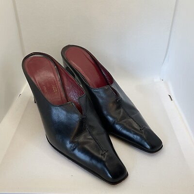 Donald Pliner womens heel mule slide black leather Lisha 6.5 6 1 2 Italian exc $50.00
