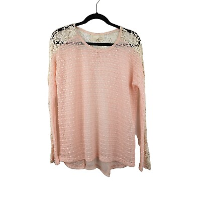 #ad Areve Womens Top Size M Lace Boho Long Sleeve Crew Neck Sheer Thin Pink $28.88