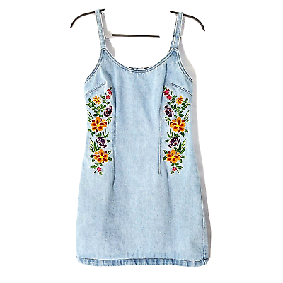 #ad Forever 21 Dress S Denim Jean Floral Embroidery Hippie Cottage Boho Adjustable $15.27