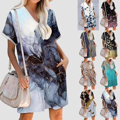 #ad Plus Size Women Boho Print V Neck Dress Ladies Summer Casual Loose Mini Sundress $20.51