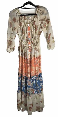 #ad Fig and Flower Boho Floral Maxi Tiered Smocked Womens PL Earthy $32.95