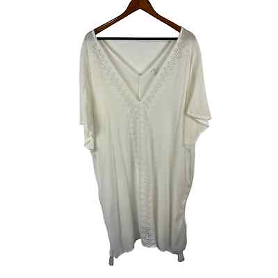 #ad Kona Sol Double V Neck Sheer All White Floral lace Gauzy Beach Cover up XL 16 18 $14.24