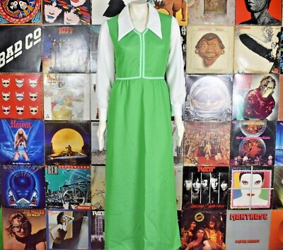 #ad Vintage 70s Dagger Collar Long Sleeve Maxi Dress Green Groovy Hippie Swiss Dot $67.41