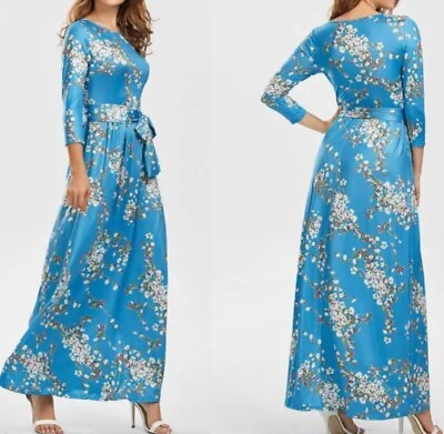 #ad Women XXL Blue Floral MAXI Length Long Sleeve Dress $16.14