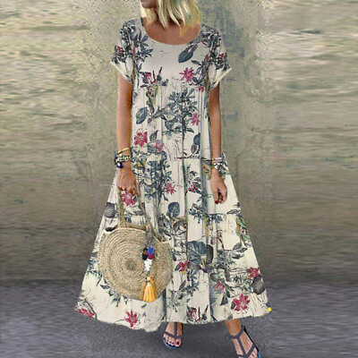 #ad Plus Size Womens Summer Floral Boho Maxi Kaftan Long Sundress Short Sleeve Dress $20.45