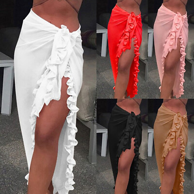 #ad Women Bikini Cover Up Swimwear Dress Wrap Sheer Maxi Skirt Ruffles Sarong Beach $11.56