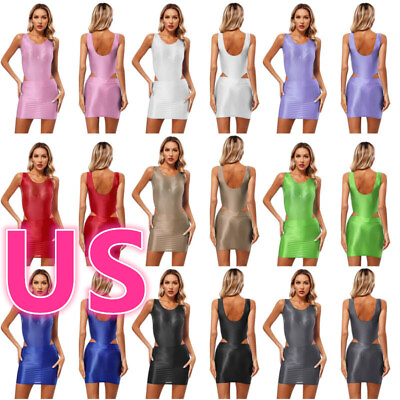 #ad US Women#x27;s Glossy Bodysuit with Pencil Skirt Outfits Sleeveless High Cut Leotard $12.73
