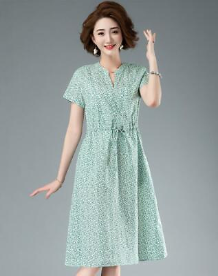 #ad Womens New Summer V Neck Short Sleeve Sweet Floral Dress Cotton A line Dress D $41.25