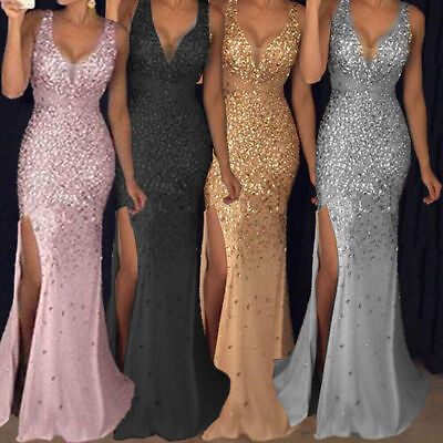 #ad Women V Neck Sequin Long Maxi Dress Wedding Cocktail Formal Prom Evening Party $33.78