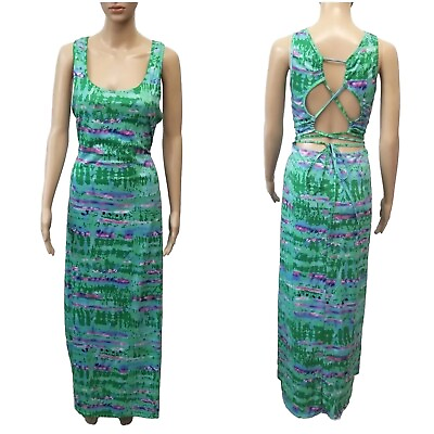 #ad Womens Juniors Size M Green Multi Color Long Stretch Dress Strappy Back $13.98