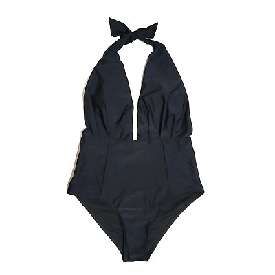 #ad Shekini Womens Size M One Piece Swimsuit High Waist Deep V Neck Solid Black NWT $16.00