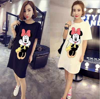 #ad Woman Dress Summer Minnie Mouse Printed Medium Length Short Sleeved Casual Dress $18.04