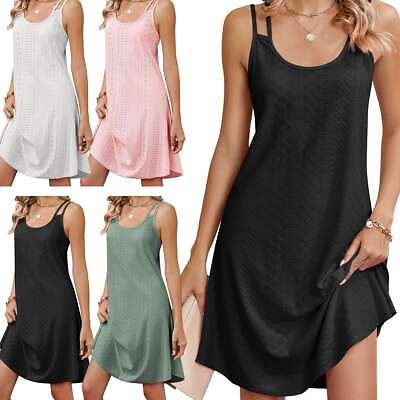 #ad Women#x27;s Summer Loose Strappy A line Dress Sleeveless Holiday Beach Mini Dress $13.15