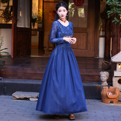 #ad New Women#x27;s Denim Dress Casual Spaghetti Strap Maxi Long Dresses Blue A2655 $69.00