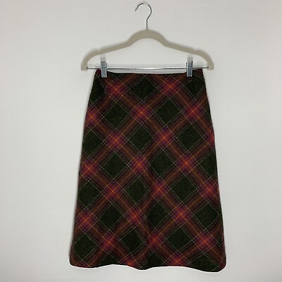#ad Next Skirt 8 Green Pink Tartan Check Side Zip A Line Lined 100% Wool Womens GBP 14.95