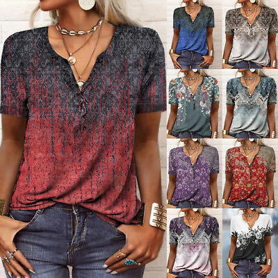 #ad Women V Neck Button Boho Floral T Shirt Tops Short Sleeve Casual Loose Blouse US $16.89