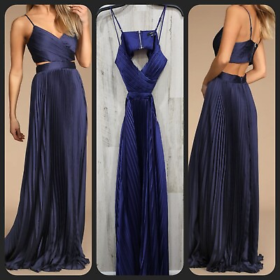 #ad LULUS Size MEDIUM Got The Glam Navy Blue Pleated Cutout Maxi Dress**NWOT** $64.60