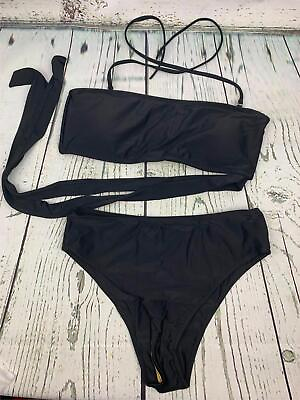 #ad Women Bandeau Tie Waist High Waisted Two Pieces Bikini Set Swimsuit Medium Black $25.00