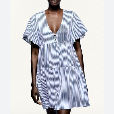 #ad Zara Summer Dress Medium Blue White Stripes Beach V Neck Flutter Sleeves $25.00