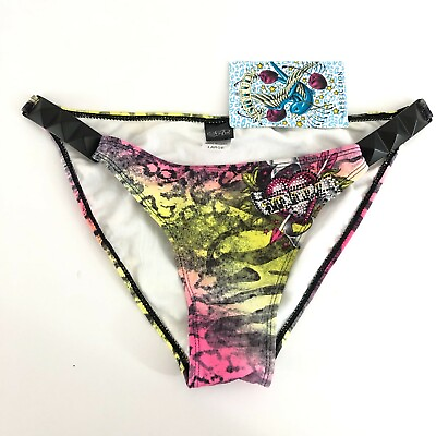 #ad Sinful by Affliction Bikini Bottom Studded Heart Tiger Rhinestone Pink Yellow L $19.99