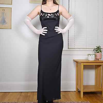 #ad Black Floral Maxi Dress Empire Waist Slits Babydoll Vintage 90s Prom Size 8 $87.00
