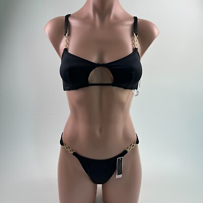 #ad Victoria#x27;s Secret Swim Bikini Top amp; Chain Sided Bottom Set Black Size S NWT $41.99