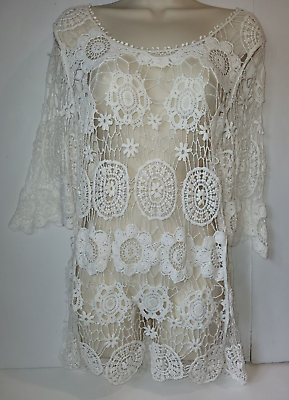 #ad Open Knit Crochet Cover Up Dress ¾ Sleeve White Boho Festival Beach Resort Swim $22.95