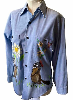 #ad Vintage Womens Hand Painted Blouse Art To Wear Flowers Beavers Blue Shirt S $17.88