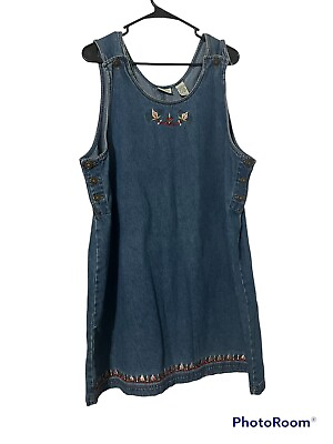 Classic Elements Womens Vintage Dress XL Denim Embroidered Floral Side Button $24.99