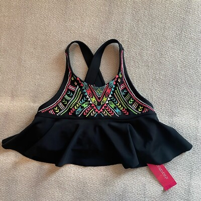 #ad Embroidered Ruffle Swim Bikini Top Size XS Black NWT Colorful Aztec Black $5.45
