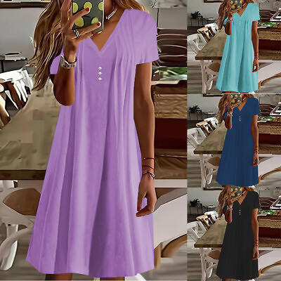 #ad Womens Beach Baggy Solid Dresses Short Sleeve A Line Casual Midi Dress Plus Size $26.69