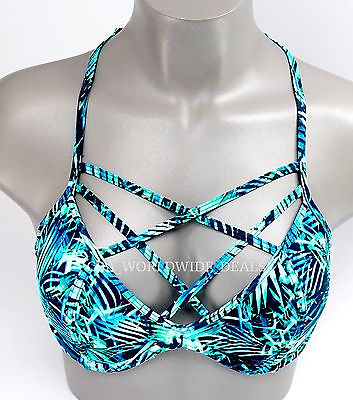 #ad Victoria#x27;s Secret PINK Blue Green Tropical Palm Cage Front Strappy Bikini Top L $9.87