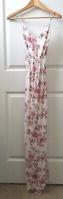 #ad #ad Forever 21 Dress Women#x27;s Long Pink amp; White Maxi Floral Crisscross Strap w Slit $13.99