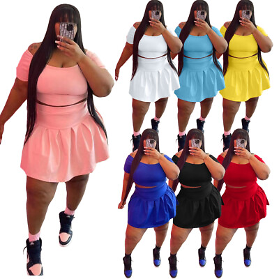 Summer Women#x27;s Plus Size Solid Color Slim Fit Short Sleeve Skirt Two piece Set $34.92