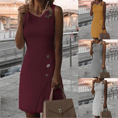 #ad Womens Ladies Slim Midi Dress Business Party Dresses Sleeveless Casual Solid * $15.72